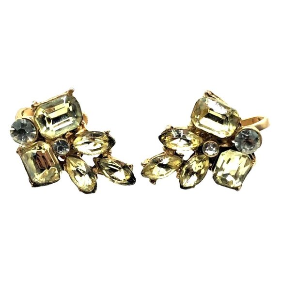 Yellow Rhinestone Earrings Clear Accents Screw Ons Vintage Costume Jewelry - Picture 1 of 6
